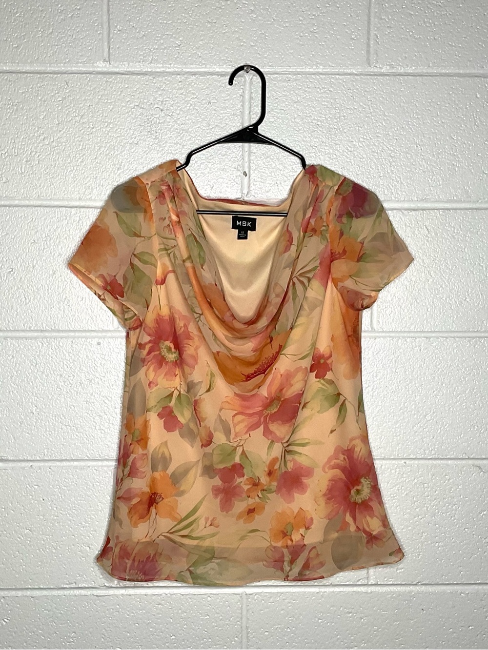< Vintage MSK Orange Floral Cowl Neck Top Size 12 >